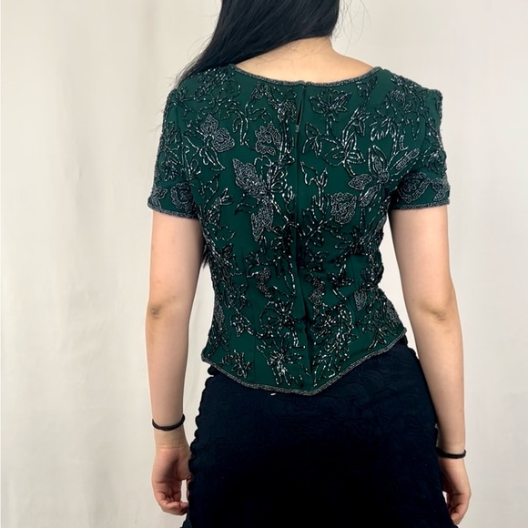 Vintage Dark Green Beaded Floral Silk Top - Picture 3 of 8